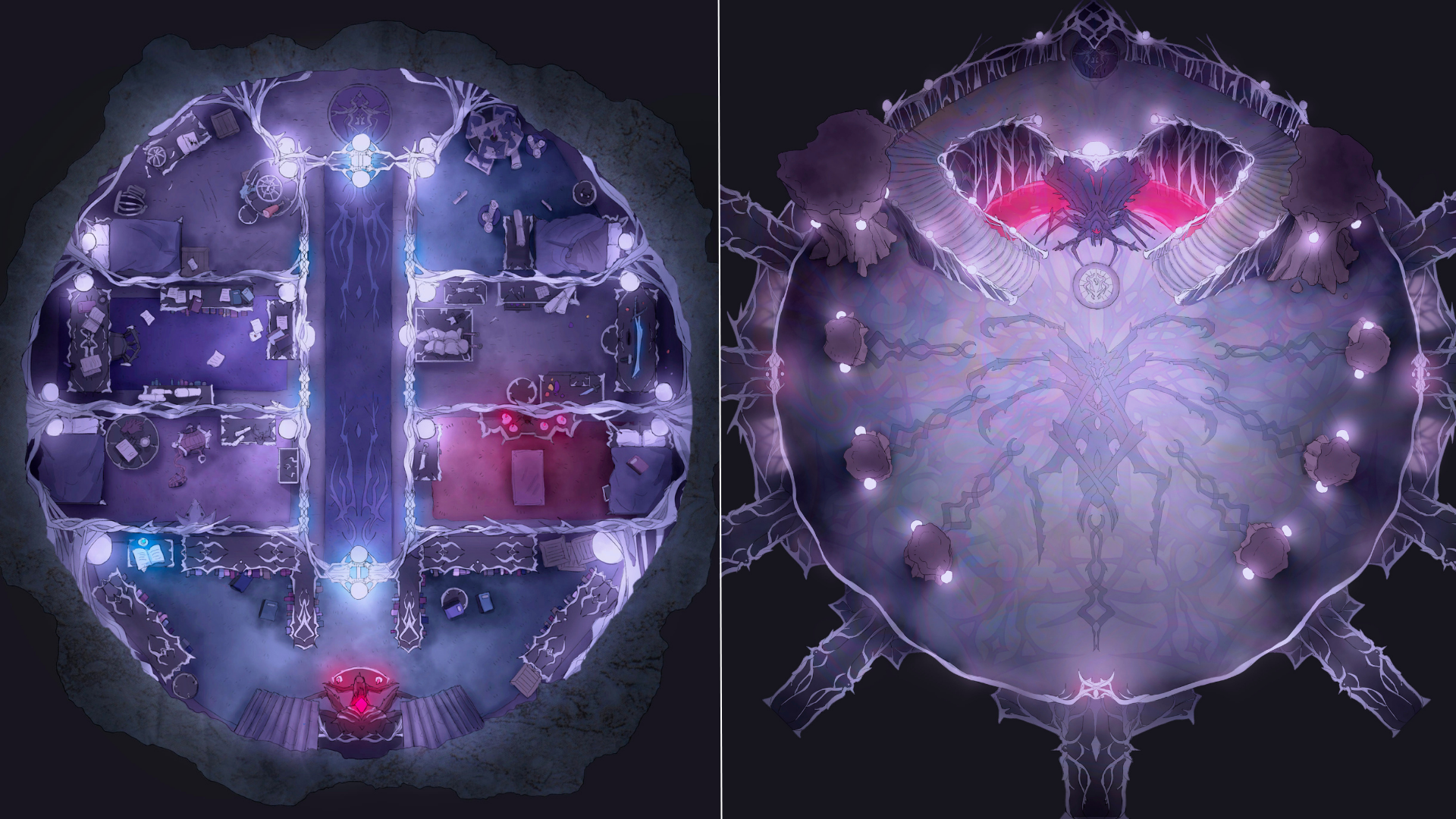 Two levels of a drow manor shown side by side: respectively, nobility living quarters and a vast ballroom decorated with spider motifs.