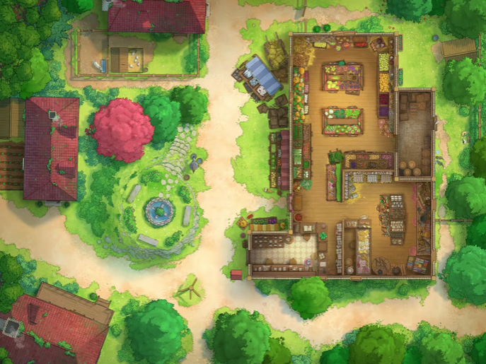 Top-down view of a peaceful woodland village square, with cozy buildings nestled among trees, a produce shop overflowing with fresh fruits and vegetables, and a small fountain at the center of the square.