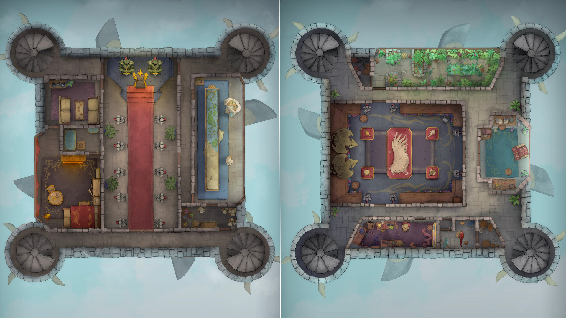 Two floating castle interior maps spliced together, showing different levels: respectively, a grand throne room and map chamber, and a library with a lush indoor garden.