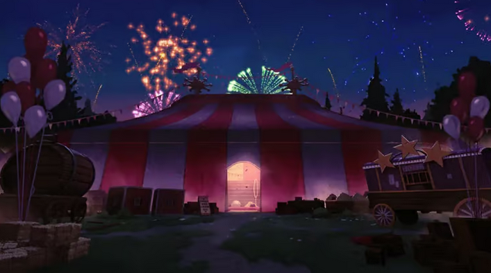 Exterior view of a circus tent at sunset, with balloons and caravans outside while fireworks light up the sky.