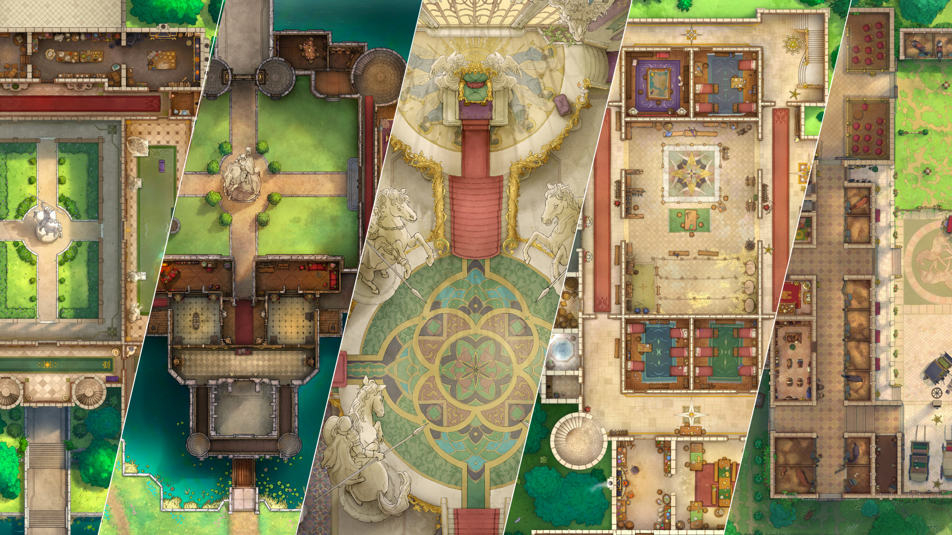 Five palace map images spliced together showing different areas of a regal palace complex: respectively, the outer court, inner court, throne room, guard barracks, and royal stables.