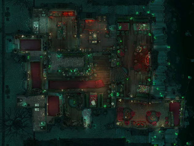 Top-down view of an eerie dockside tavern battlemap with plush red decor. It is illuminated with green lantern glow and framed by pitch-dark water.