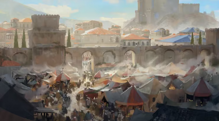 A sprawling open-air market crowded with tented stalls beneath the walls and towers of a large medieval fantasy city.