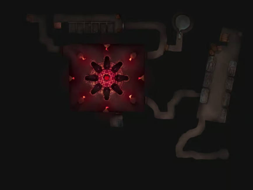 A dark underground level containing catacombs, crypts, and a central ritual chamber full of glowing red coffins.