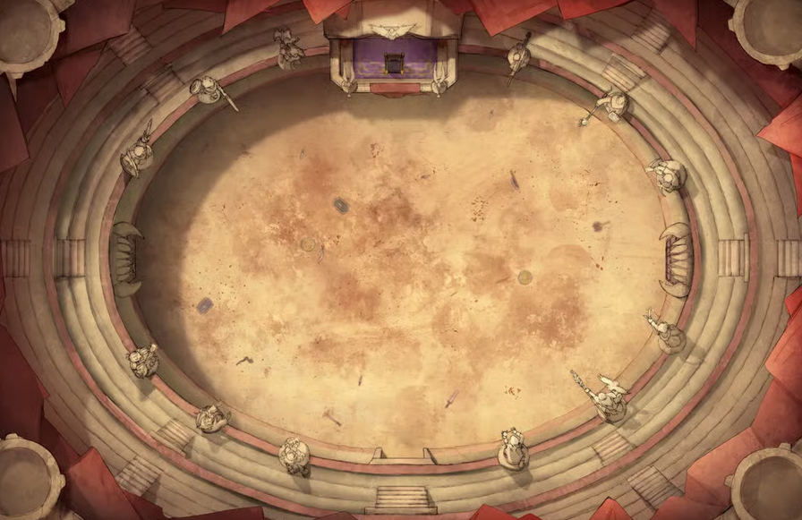 A large elliptical stone colosseum arena surrounded by tiered spectator seating and statues overlooking the battlefield. The arena is stained and filled with broken weapons.