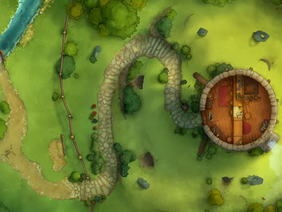 Top-down view of a grassy hill with a cobbled path leading to a cozy round, abode surrounded by shrubs.