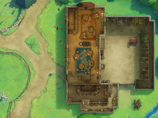 Top-down battlemap of a coaching house inn with a dining hall, separate taproom and bar, and large backyard stables.