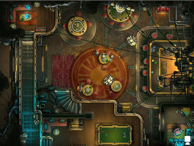 Top-down view of a dim cyberpunk tavern. Metal grates and wires line walkways above several gambling and game tables.