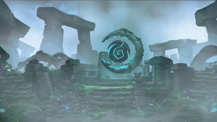 Ground-level view of a misty stone henge and a glowing spiral structure at the center, surrounded by thick fog and scattered ruins.