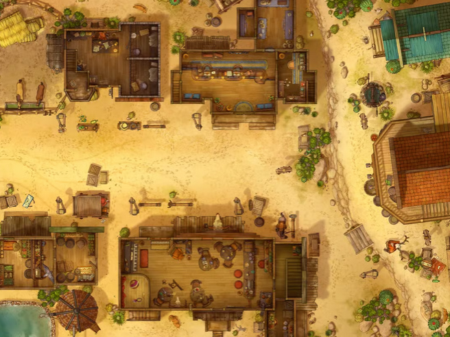 Top-down view of a small desert town filled with wooden buildings, including a saloon, inn, and general store. Cacti, crates, and penned animals line the streets.