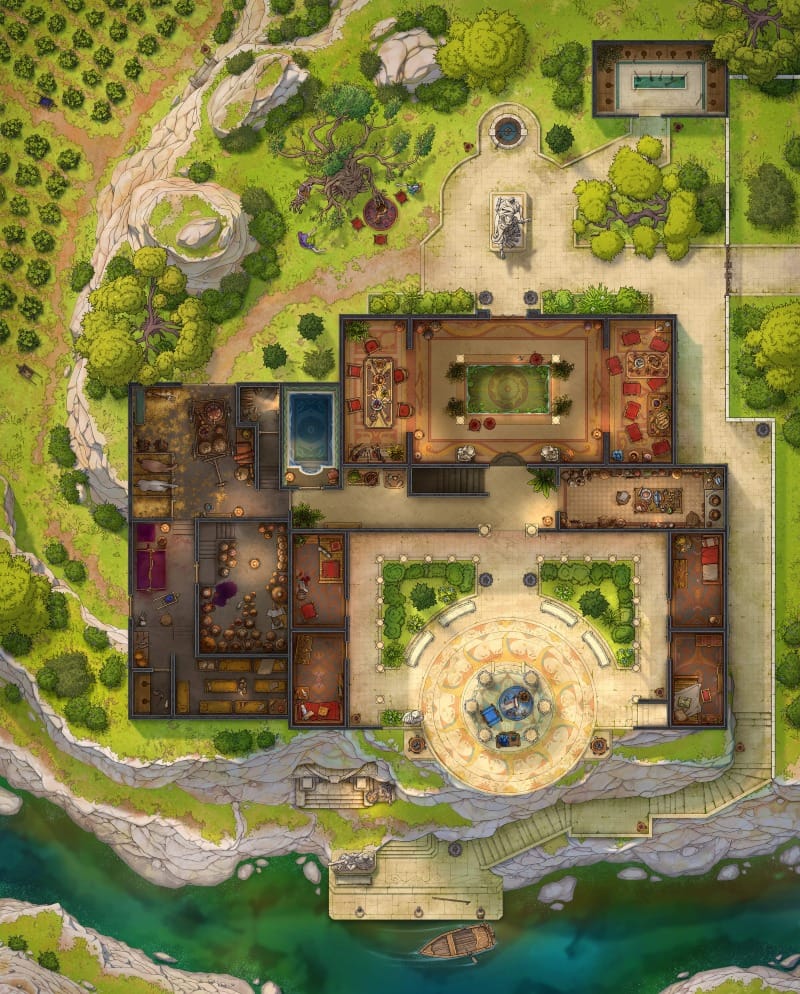 A sprawling villa complex built beside a riverbank, with vineyards, large courtyards, and numerous wings filled with lavish rooms.