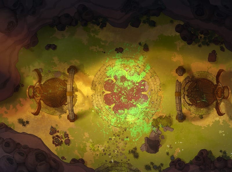 A circular arena drawn on a cavern floor, surrounded by stone arches and beetle murals. The ground is splattered with green insect ichor.
