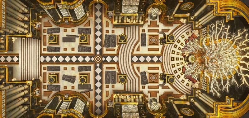 Top-down battlemap of a grand ossuary interior, with symmetrical black-and-white diamond-tiled floor, gold-trimmed columns lining the walls, ornate coffin alcoves, and a massive pale and skeletal tree growing at the end of the corridor.