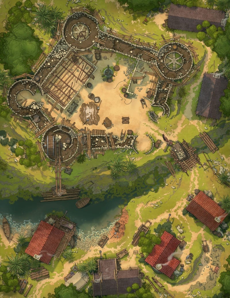 A half-constructed stone castle rising beside a river, surrounded by scaffolding, cranes, and carts of stone.