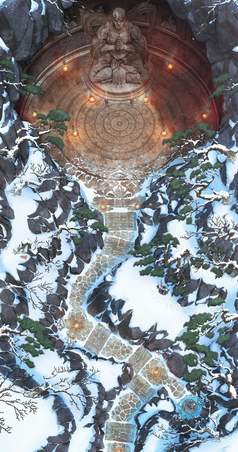 Top-down view of a snowy stone path leading through dark cliffs into a cavernous temple, decorated with concentric rings and a massive carved statue illuminated with small lanterns.