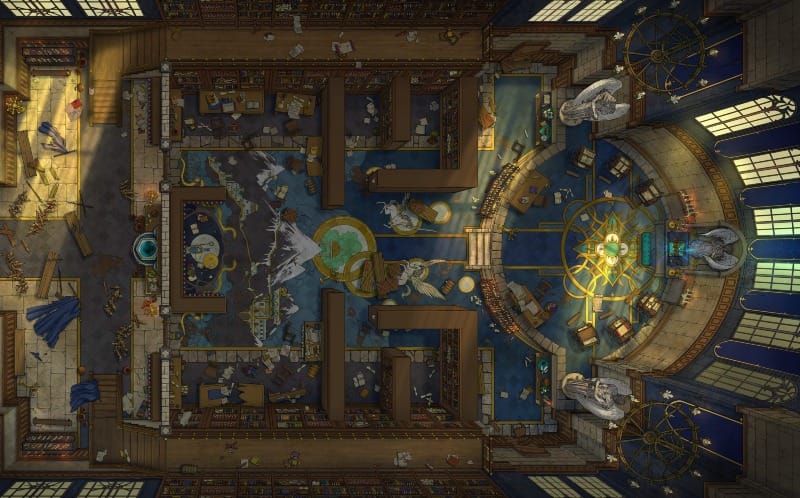 Top-down interior battlemap of a cluttered scriptorium with tall wooden shelves lining the walls, scattered papers and books across the floors and tables, and a large celestial mountain mosaic inlaid into the stone floor.