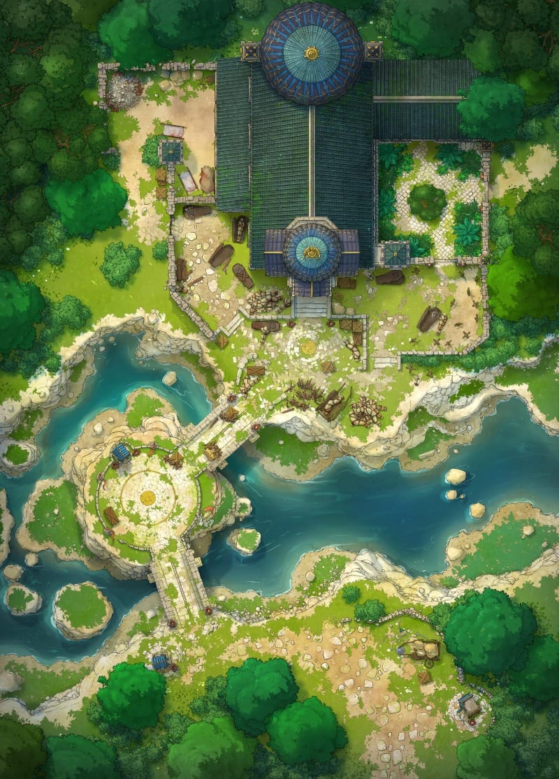 Top-down map of a blue-roofed chapel set beside a wide river, surrounded by dense green forest. A small islet sits in the middle of the river, connected to the chapel grounds and the far bank by stone bridges.