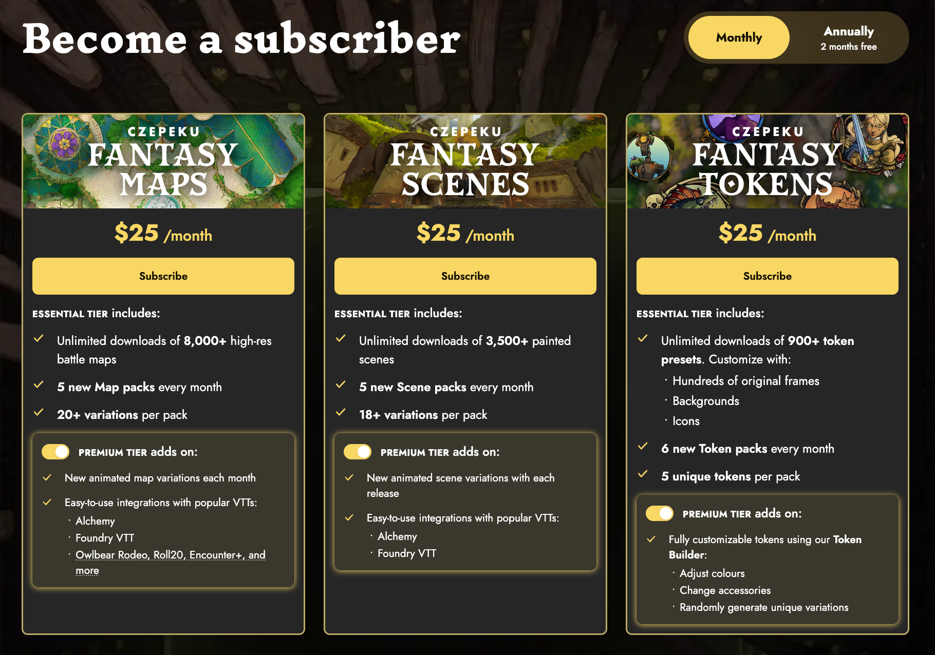 Become a Subscriber page showing the three individual Fantasy subscriptions: Maps, Scenes, and Tokens ($25 each per month) as well as the Fantasy Bundle that unlocks everything for $50 a month (saving $25 a month).
