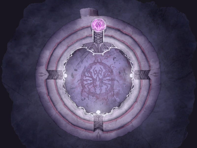 A circular underground arena carved from stone, with tiered spectator seating and a large spider mural marking the combat floor.