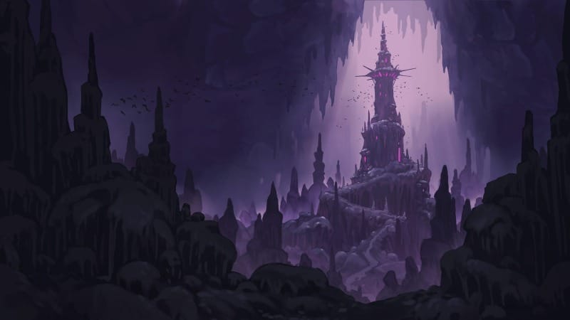 A tall drow manor rising among massive stalagmites in a vast underground cavern.