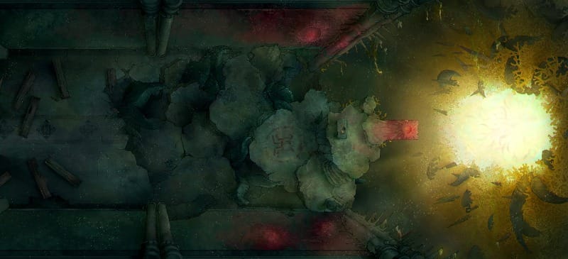 Top-down battlemap of a corrupted colonnaded church interior, with stone platforms rising in tiers towards the far end of the nave, where a sickly yellow portal blazes at the altar, surrounded by writhing black tentacles.