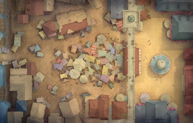 Top-down view of a crowded fantasy marketplace packed with multi-colored tarped stalls between city buildings, beside a beholder-statue fountain.