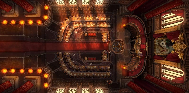 Top-down view of a grand courtroom with rows of benches, red drapery, tall columns, and an ornate judge’s dais.