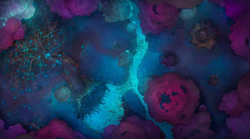 Top-down view of a dense forest with pink-leaved trees, a fallen trunk covered in blue mushrooms, and a bright blue stream running through the woodland floor.
