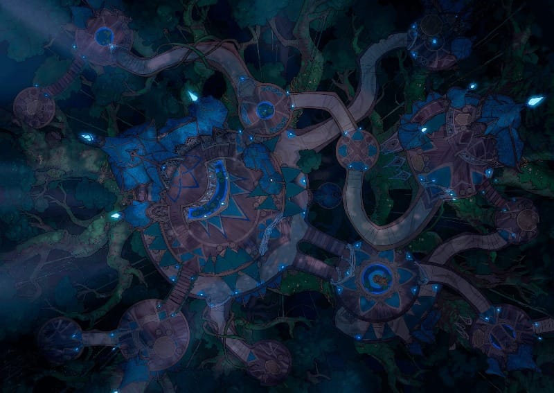 Top-down view of a treetop village built on circular wooden structures connected by bridges high among enormous branches, glowing with soft blue lights. The architecture is elven.