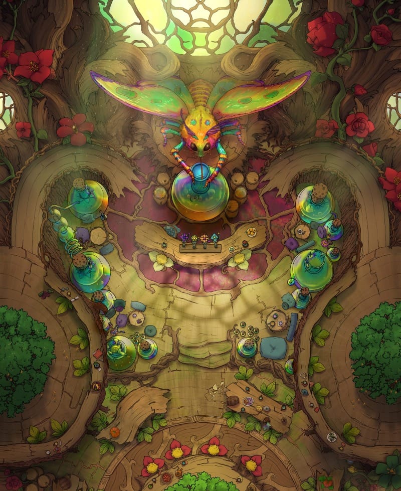 Top-down view of a tavern built inside a hollow tree. Sunlight falls through stained glass windows onto lush plants, huge flowers, and a giant iridescent moth brewing behind the bar.