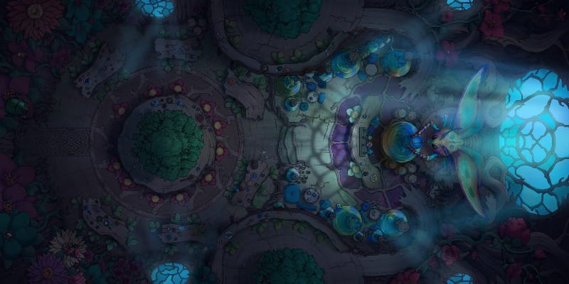 Top-down view of a tavern built inside a hollow tree. Moonlight filters through floral stained-glass windows onto lush plants and oversized flowers. A giant iridescent moth stirs a brew behind the bar.