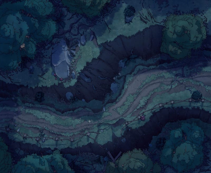 Top-down view of a winding forest path cutting through dense woodland, with raised ledges and thick trees on either side. The road shows signs of a cave-in, and part of the fencing has collapsed.