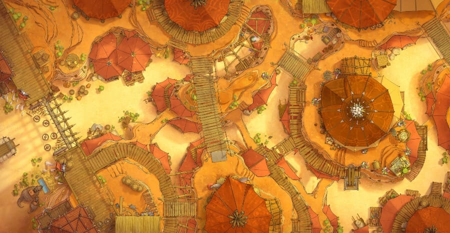 Top-down view of a sprawling goblin settlement of circular huts on layered platforms, joined by rope bridges. In the canyons between buildings, there are crates, carts, and tarped stalls.