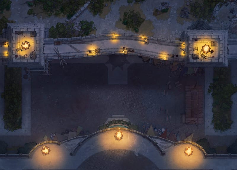 Top-down view of a fortified stone city gate at night, with high walls and guard towers on either side of the gate. Warm braziers and torches illuminate a dark courtyard below.