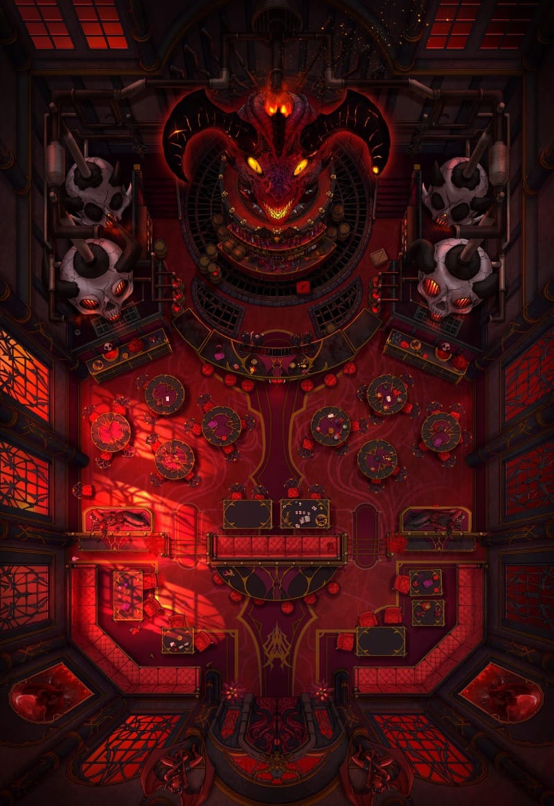 Top-down view of a luxurious lounge with red and black decor. A giant devil’s head overlooks the bar. Fiery red light filters through tall gothic windows.