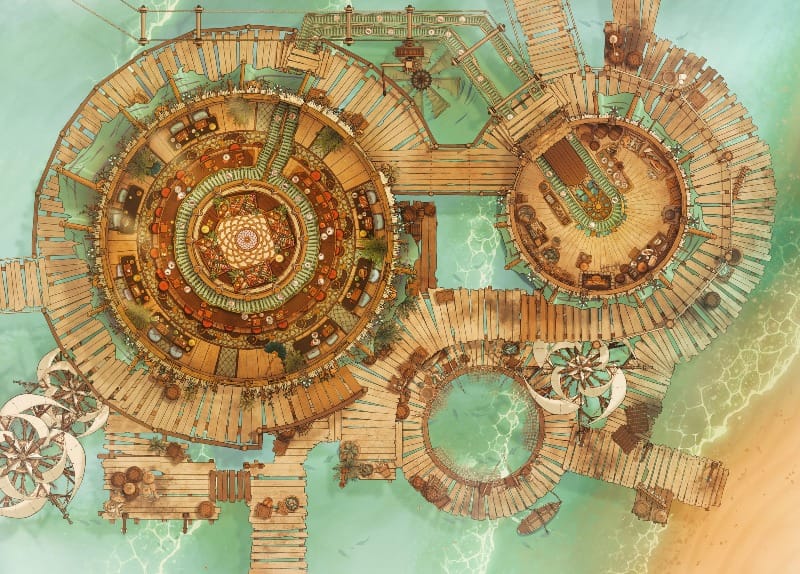 Top-down view of a circular boardwalk and beachside sushi restaurant with wind turbines powering the conveyor belt.&nbsp;
