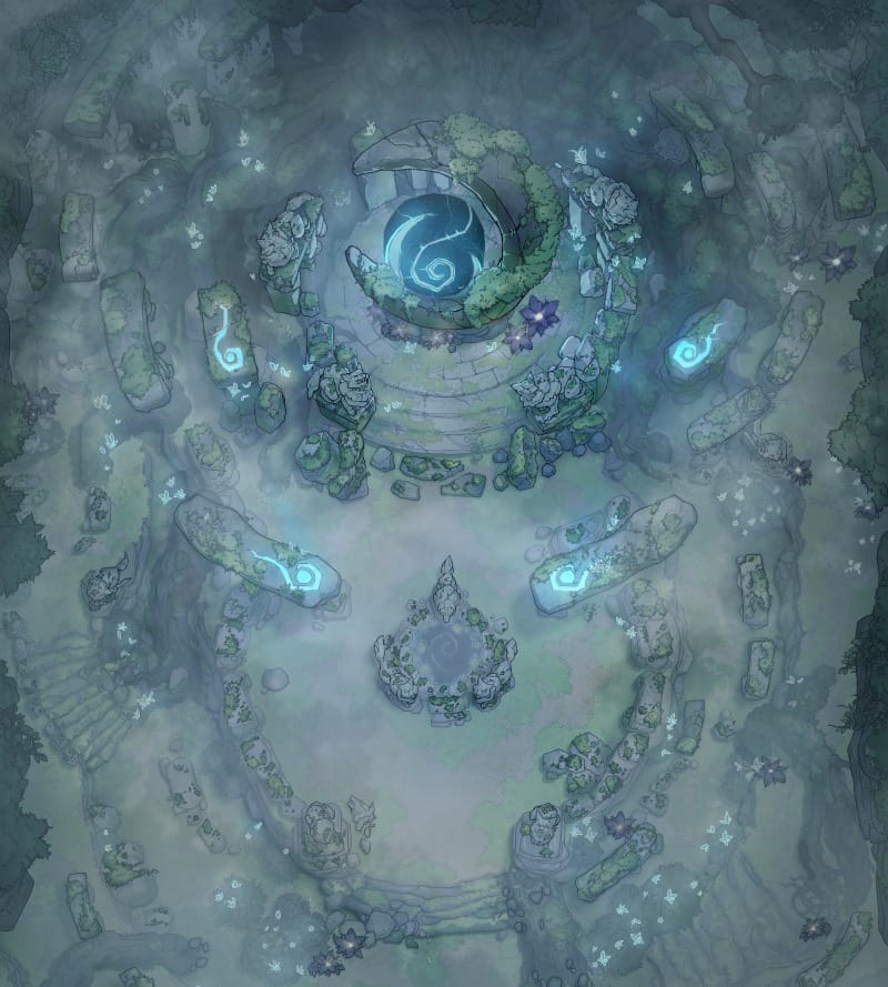Top-down view of a circular stone grove surrounded by mist, with broken standing stones forming a ring around a glowing central magical structure. The area is faintly lit by blue runic magic carved into the stones.