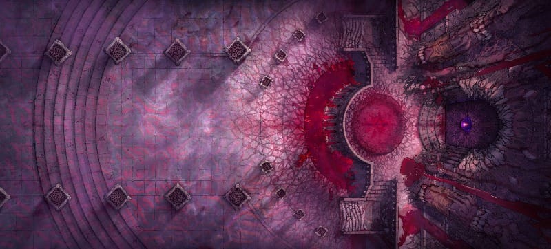 Top-down view of a twisted crimson and violet dragon layer with a ritual platform oozing blood across a rocky courtyard.