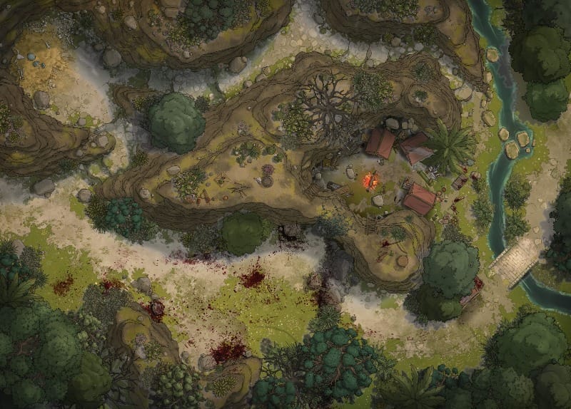 Top-down view of a blood-stained forest road winding through sparse trees through a narrow choke point between rocky outcroppings. A small campsite is hidden nearby.