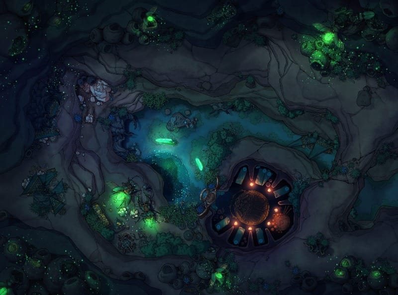 Top-down view of a subterranean cavern filled with roots and bioluminescent growth. A small living space and communal area are carved into the stone, surrounded by tunnels and clusters of oversized, glowing insects.