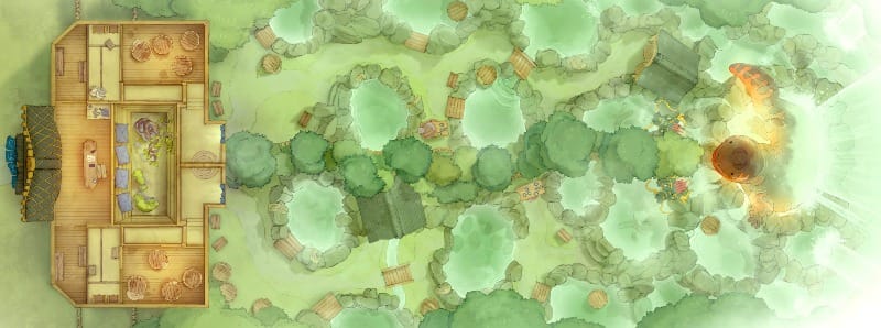 Top-down view of a Japanese bathhouse complex with steaming hot spring pools and forest greenery. A large salamander bathes in one of the pools.