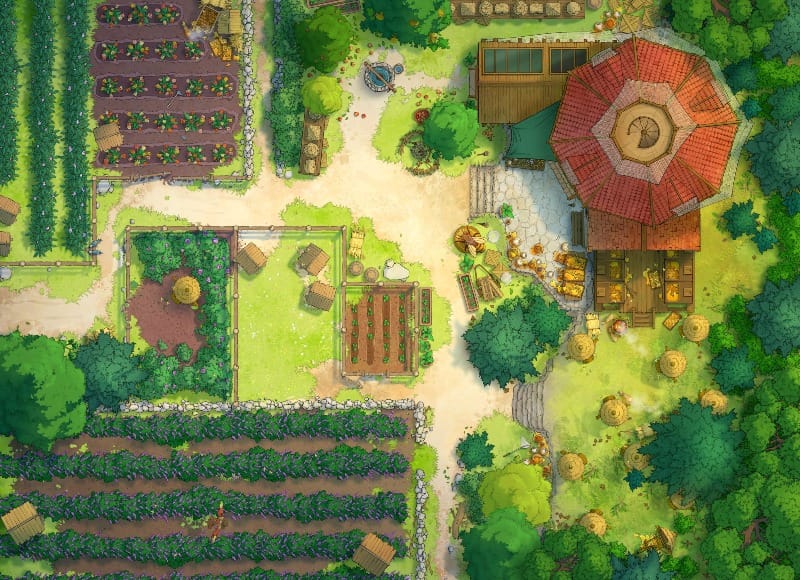 Top-down view of a sunny village apiary with garden plots, flowering rows, bee hives, trees, and a red-roofed farmhouse.