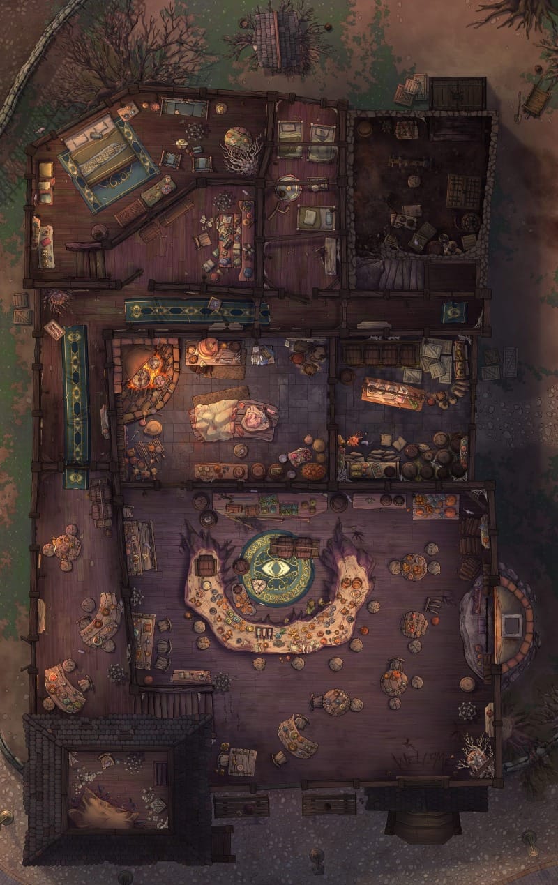 Top-down gloomy tavern battlemap with dark wood floors, a gnarled wooden bar, stage area, guest rooms, and cellar.