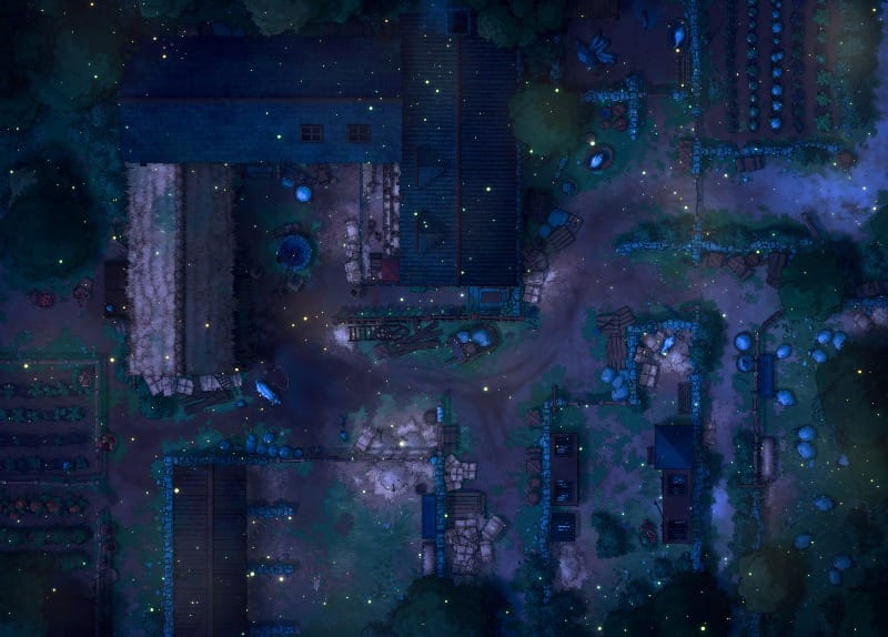 Top-down view of a small farmstead at night with fenced crop plots, livestock pens, scattered haybales, and narrow dirt paths. Fireflies drift across the scene.