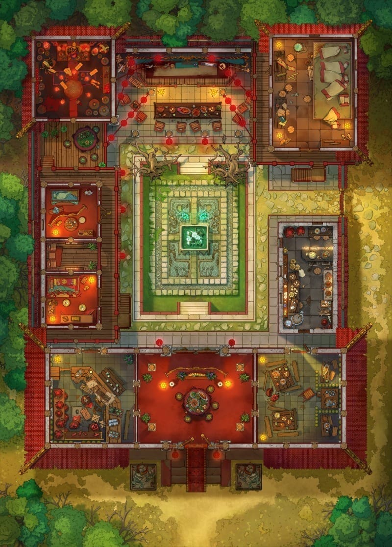 Top-down east asian-inspired tavern battlemap with red roofs, a courtyard, dining hall, guest rooms, and gaming tables. One room hides a glowing red shrine in the corner.