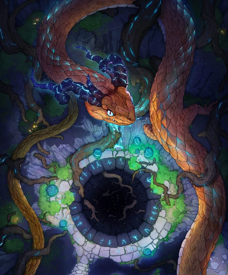 Top-down view of a cavern dominated by massive twisting tree roots, encircling a deep circular well carved with glowing runes. A massive horned serpentine creature coils around the cave.