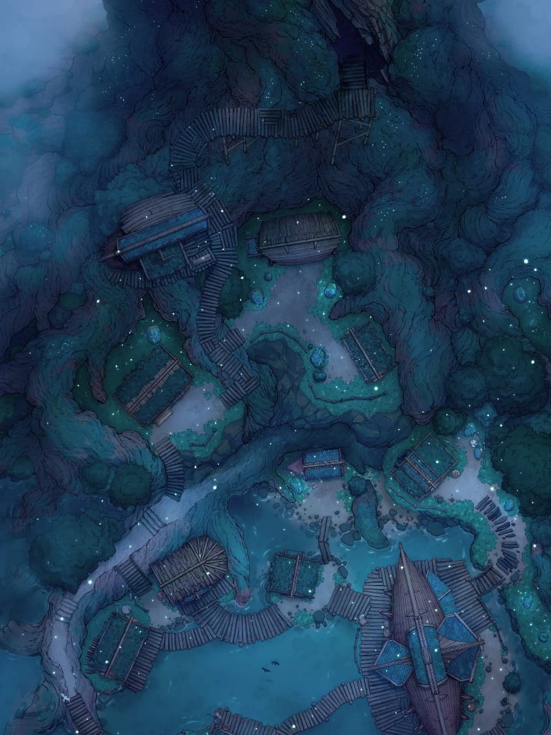 Top-down view of a small forest town gathered at the base of a massive tree. Wooden homes are nestled among roots and over floating platforms on water, lit by drifting fireflies.