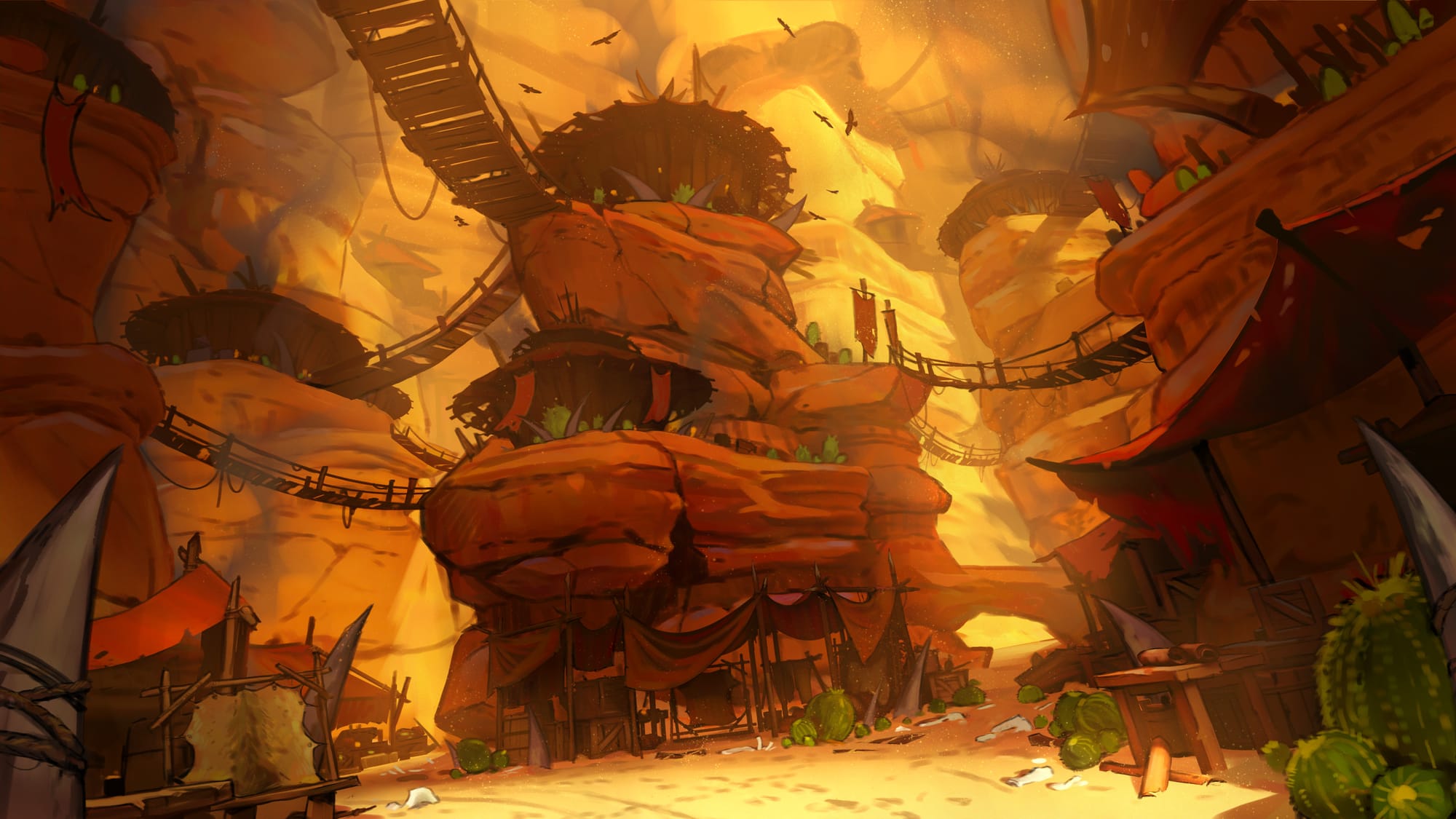A goblin settlement of circular huts built on rock pillars, with rope bridges overhead and tarped encampments below.