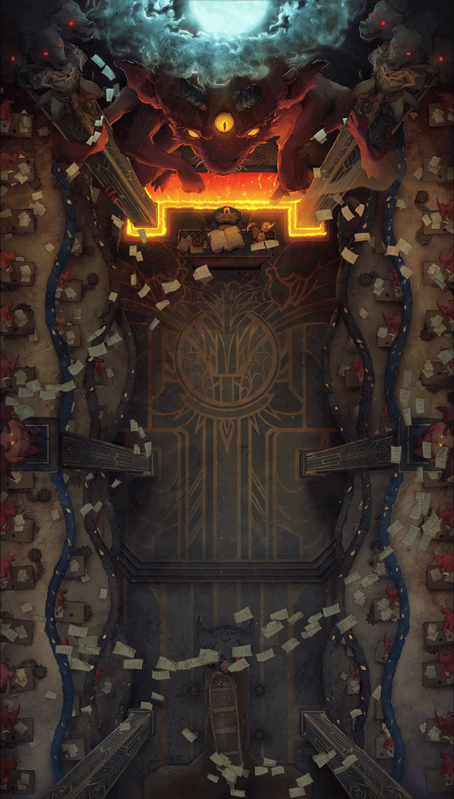 Top-down view of an infernal office with scattered paperwork flying through the air. A colossal horned demonic figure watches over the hall behind a desk.