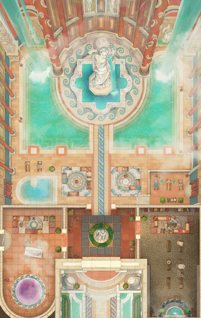 Top-down battlemap of a grand colonnaded Roman-style bath complex, with a large central turquoise pool and fountain statue, ornate coral tilework, side rooms with smaller pools and lounging areas.